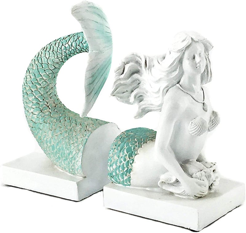 Bellaa 22975 Decorative Bookend Mermaid Antique Farmhouse Sailor Sea Nautical Coastal Fish Boho Beach Decor Retro Vintage Book Ends Distressed White Turquoise 9 Inch - Image 5